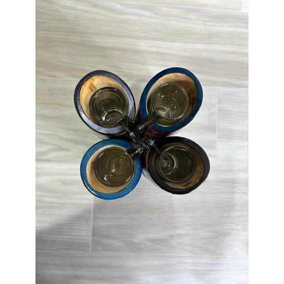 Handmade North Africa Olive Wood 4 Shot Mugs Hand Crafted Glass Mugs Colorful - Picture 2 of 10